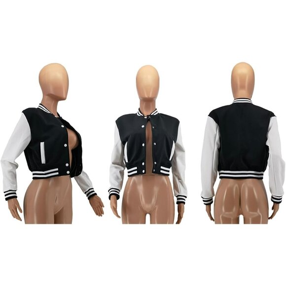 Women's Varsity Jacket Long Sleeve Button Down Bomber Jacket Streetwear Red - Picture 4 of 4